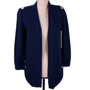 St John Santana Knit Jacket Size S Navy Open Front Cardigan Epaulettes shoulder
